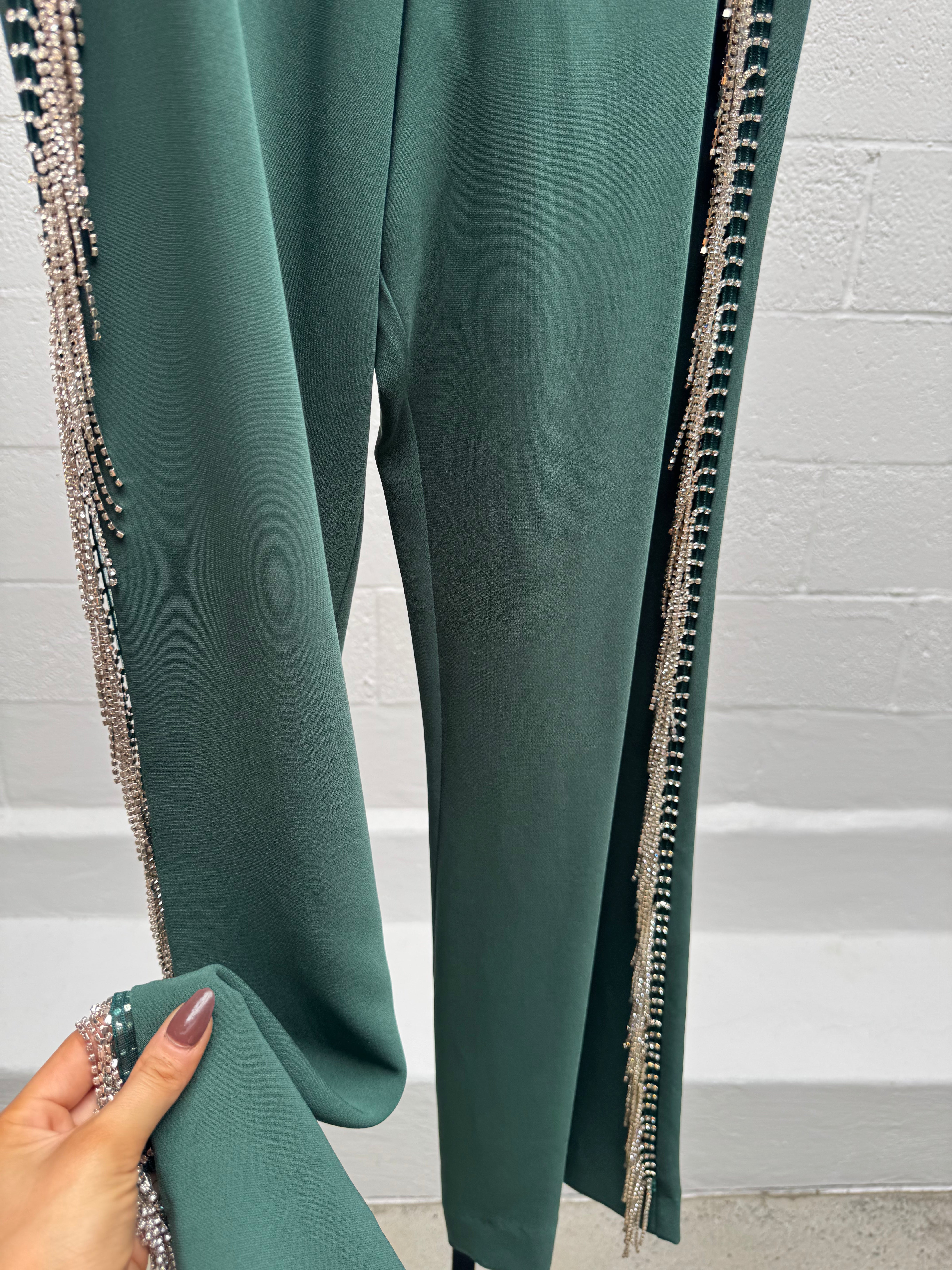 Green Jacket and Pant Set with Rhinestone Fringe