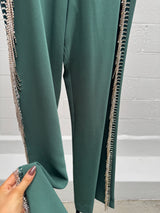 Green Jacket and Pant Set with Rhinestone Fringe