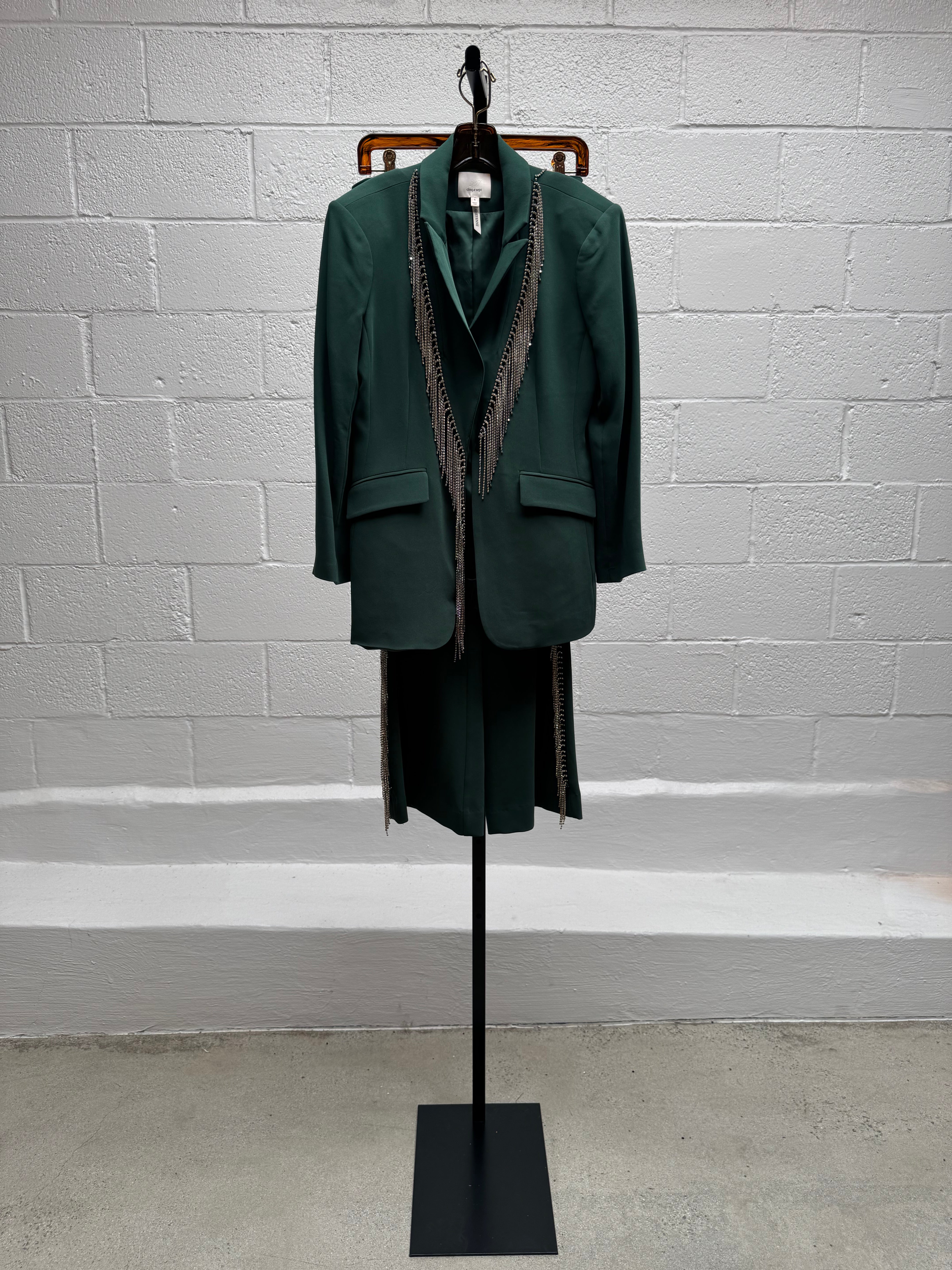 Green Jacket and Pant Set with Rhinestone Fringe