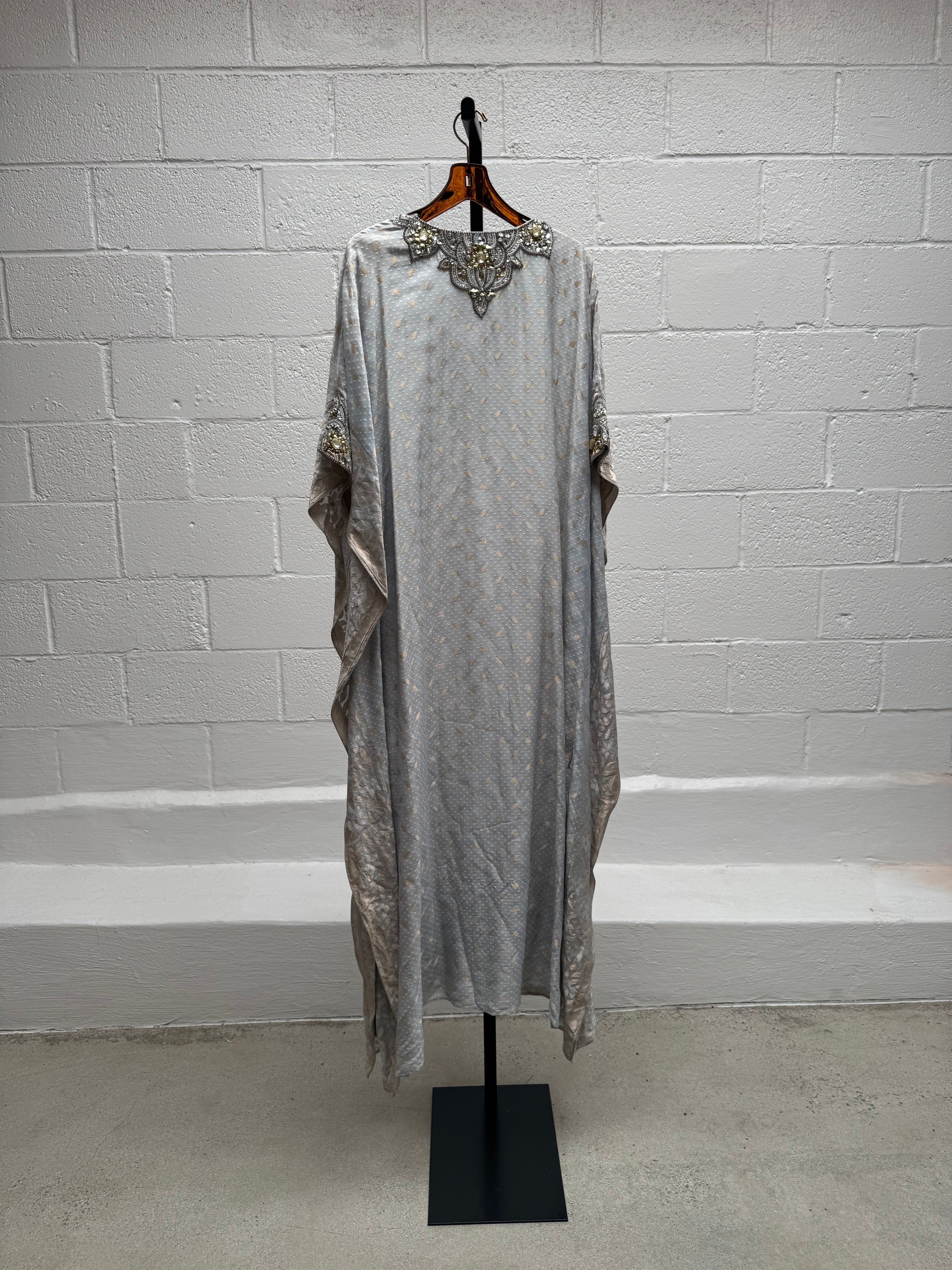 Caftan in Blues with Silver Beaded Neck Details