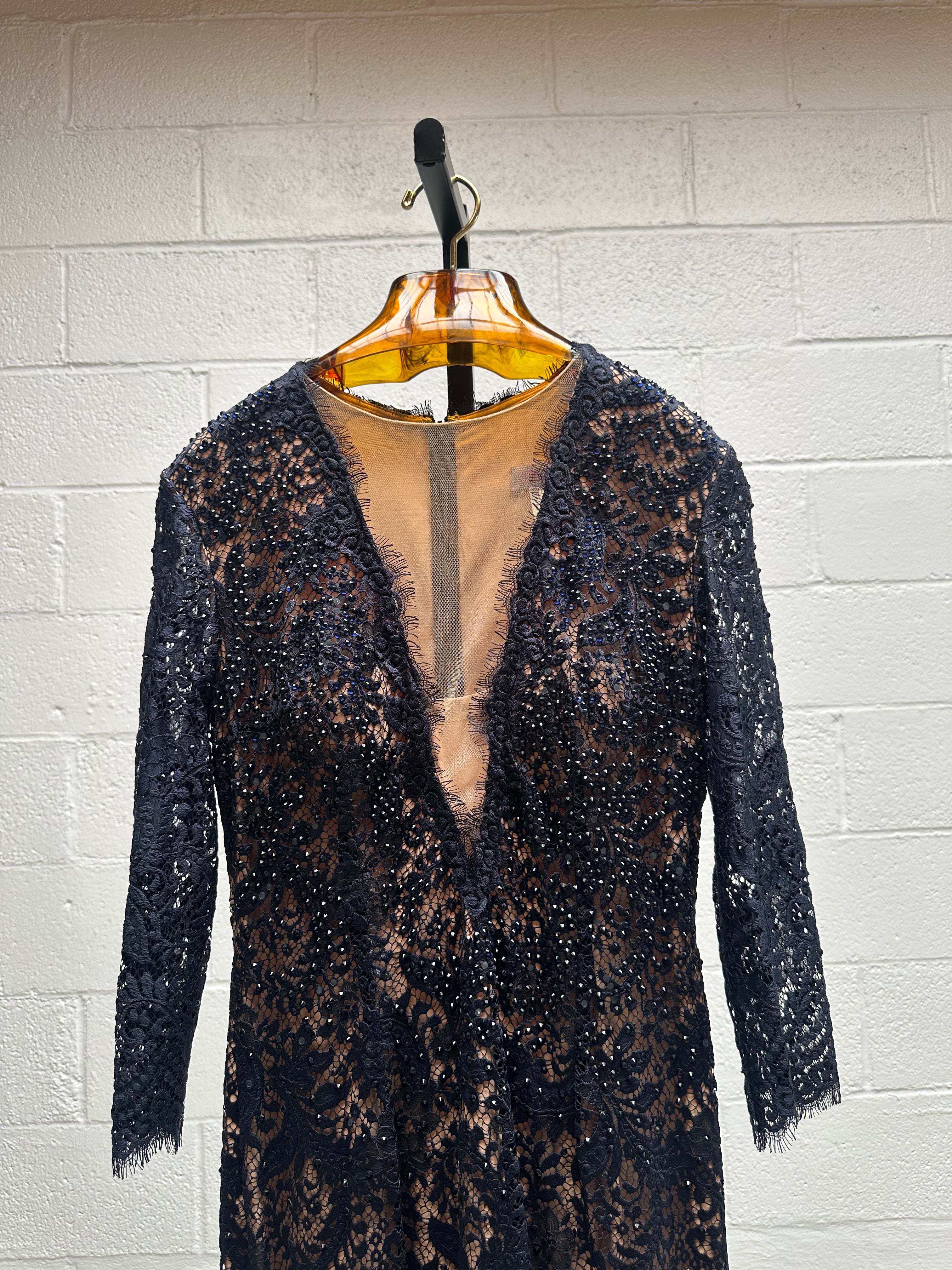Navy Blue Lace Evening Gown