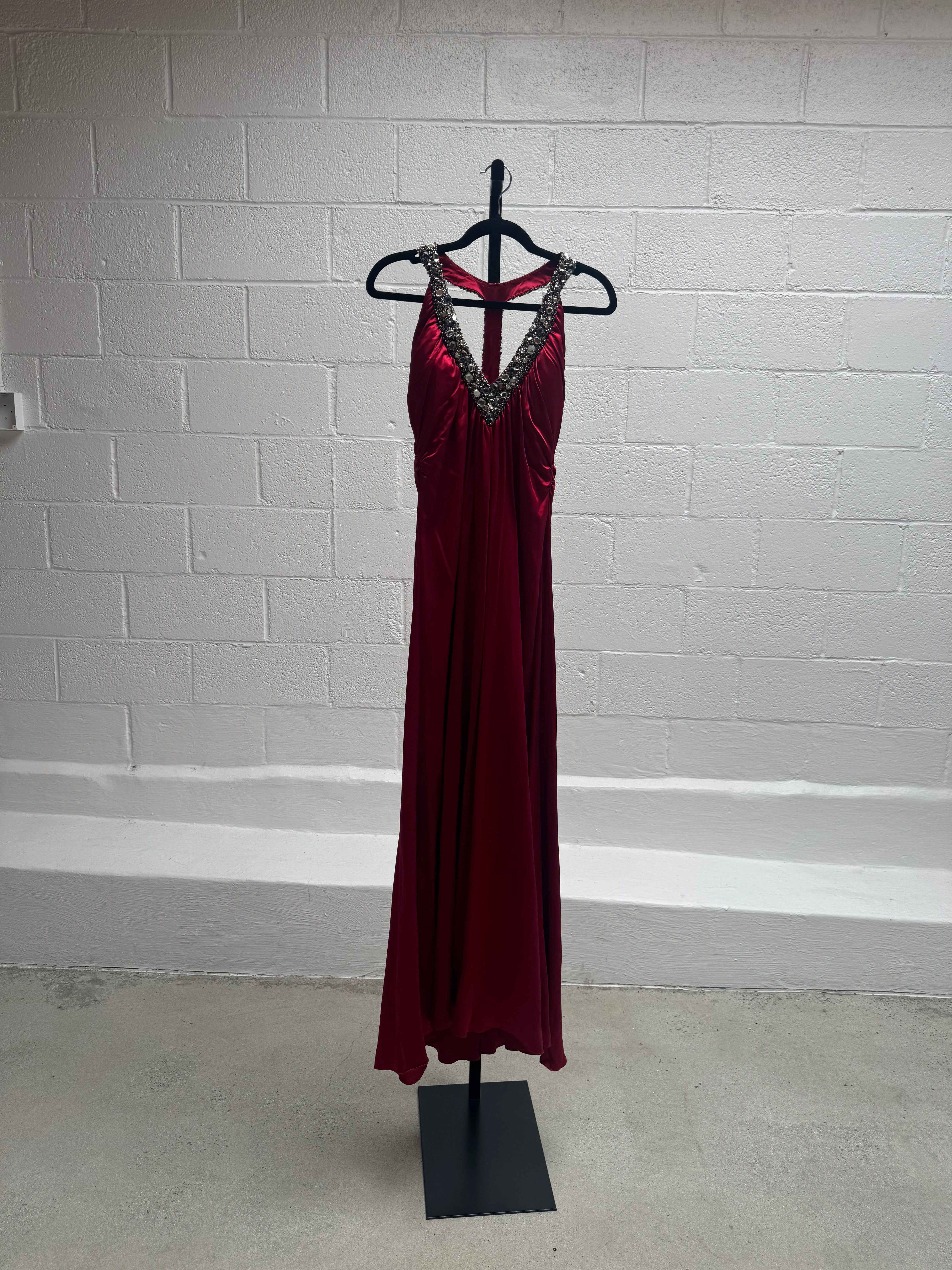 Red Silk Dress with Beaded Neck and Back