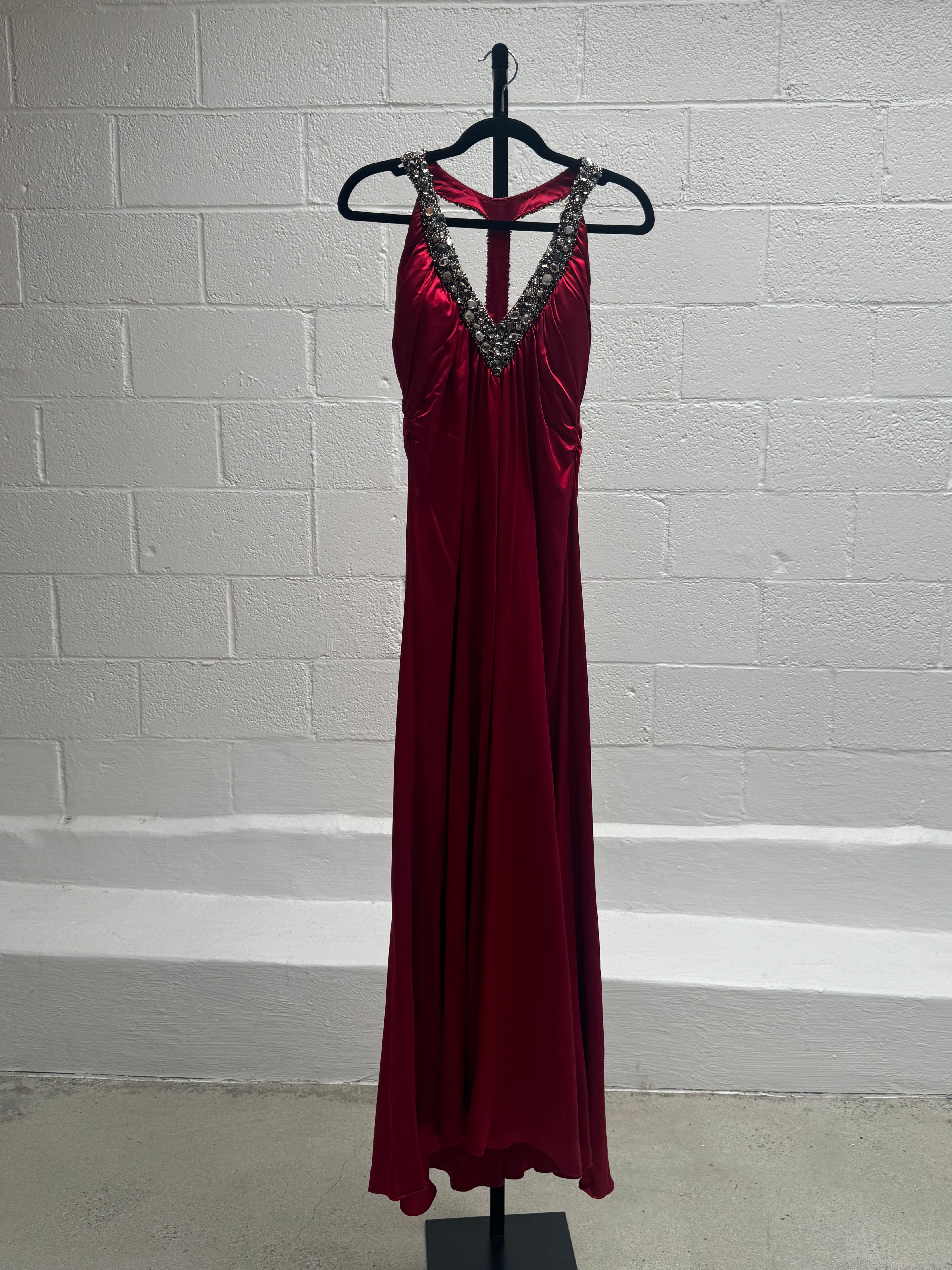 Red Silk Dress with Beaded Neck and Back