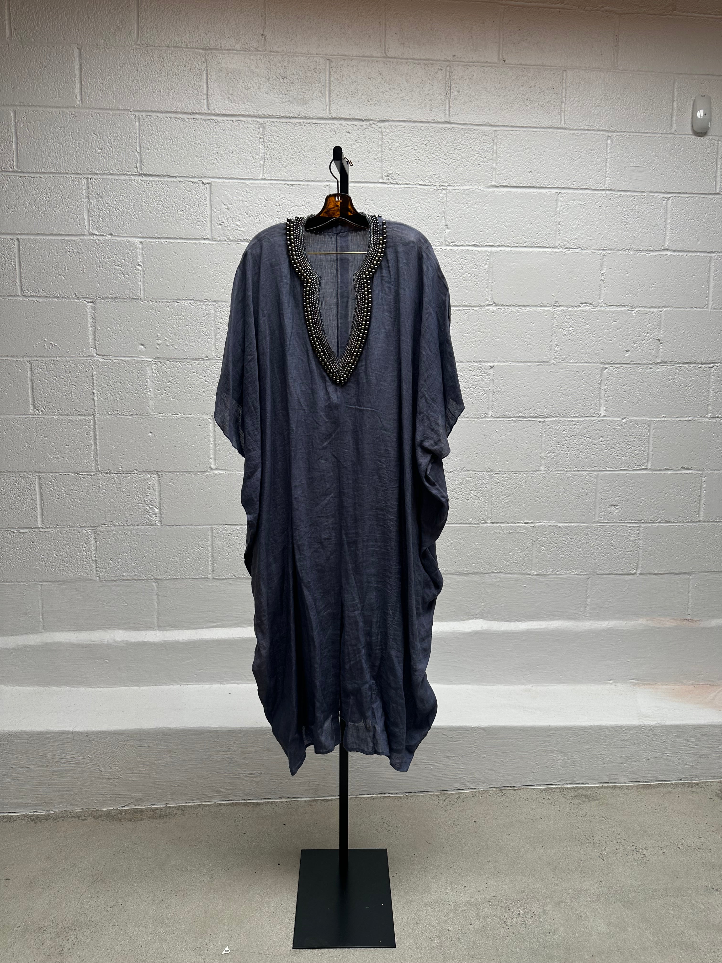 Denim Caftan with Beaded Collar