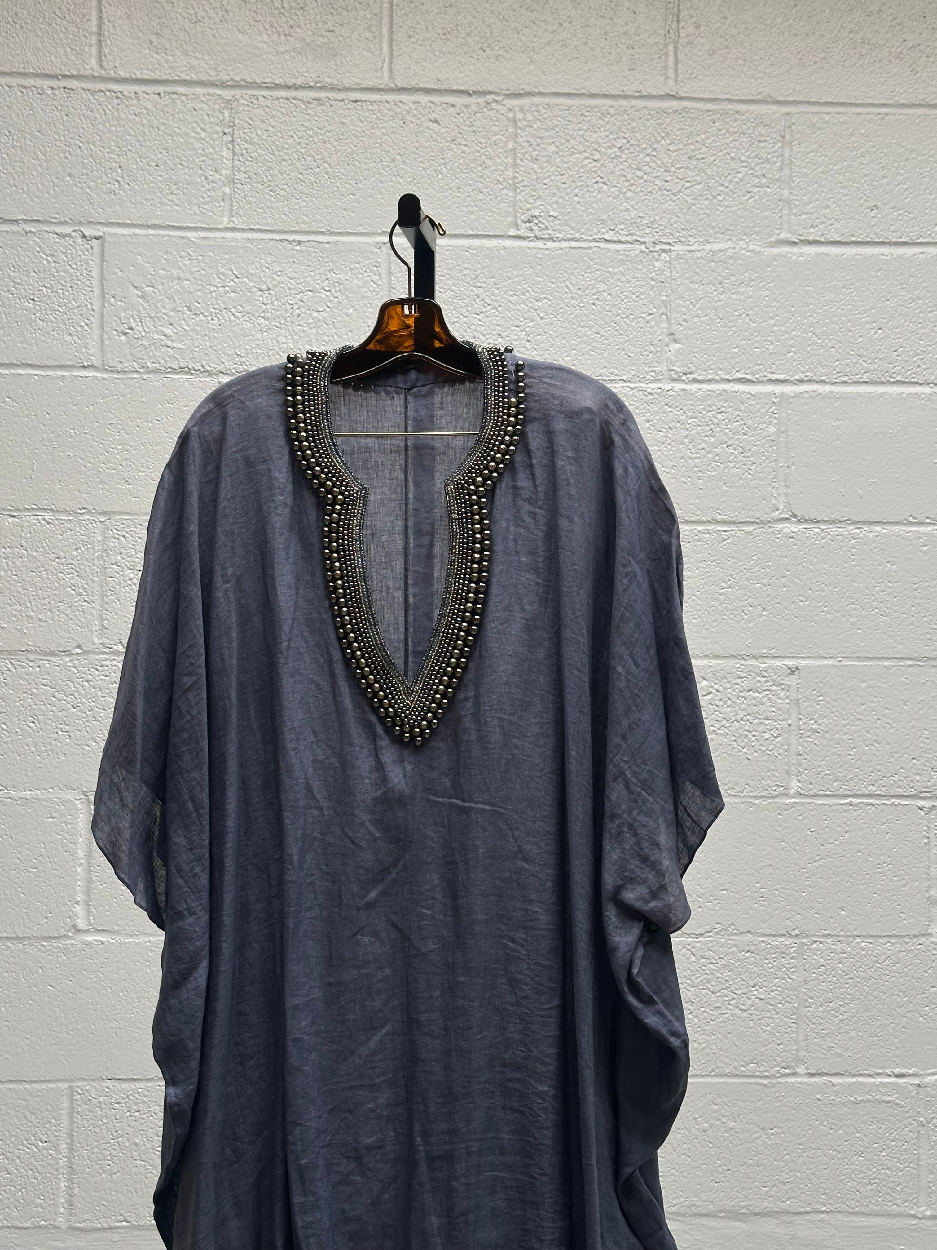 Denim Caftan with Beaded Collar