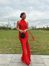 Penelope Backless Satin Gown In Red