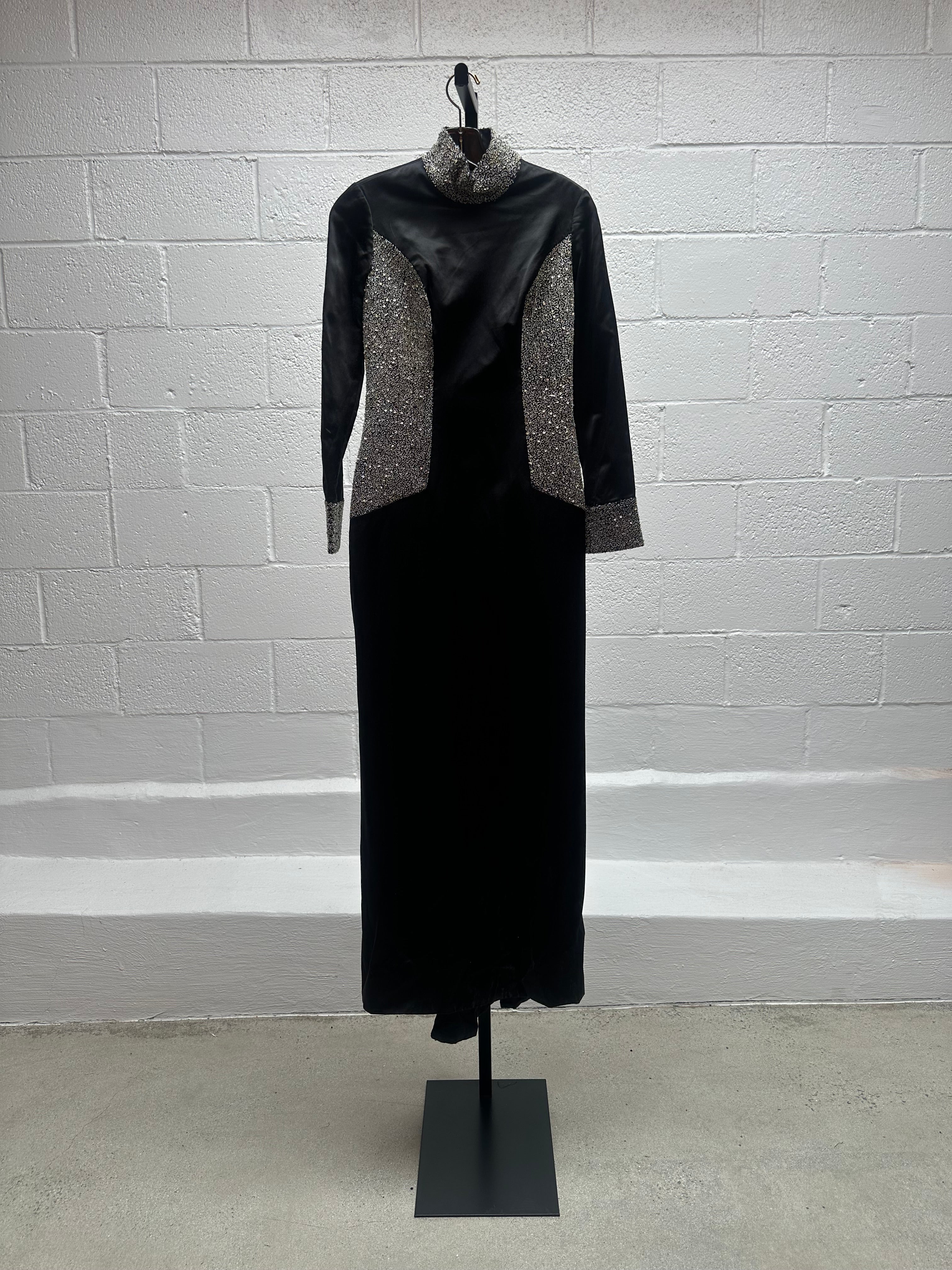 Black Satin Gown with Gold and Clear Beading