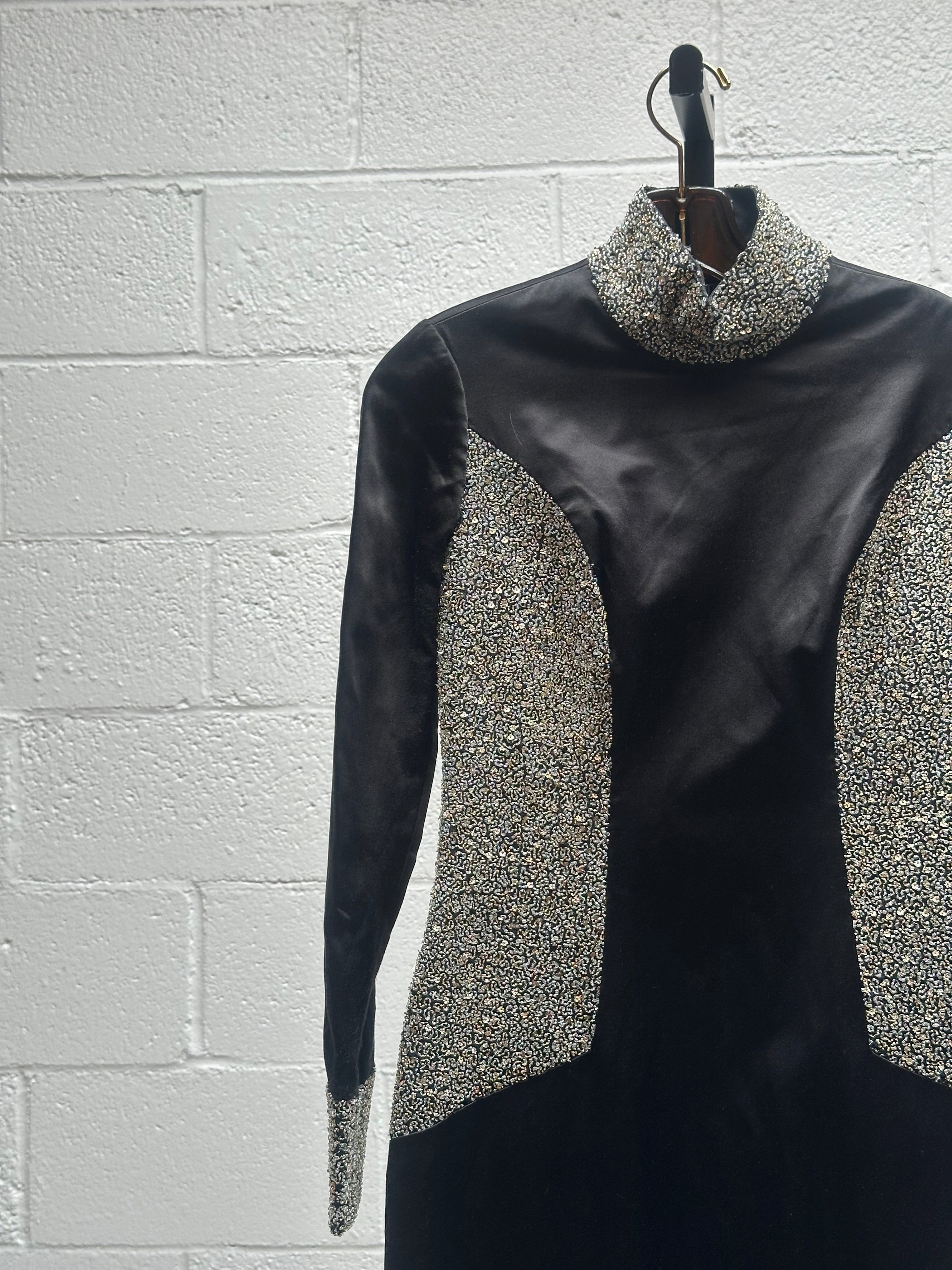 Black Satin Gown with Gold and Clear Beading