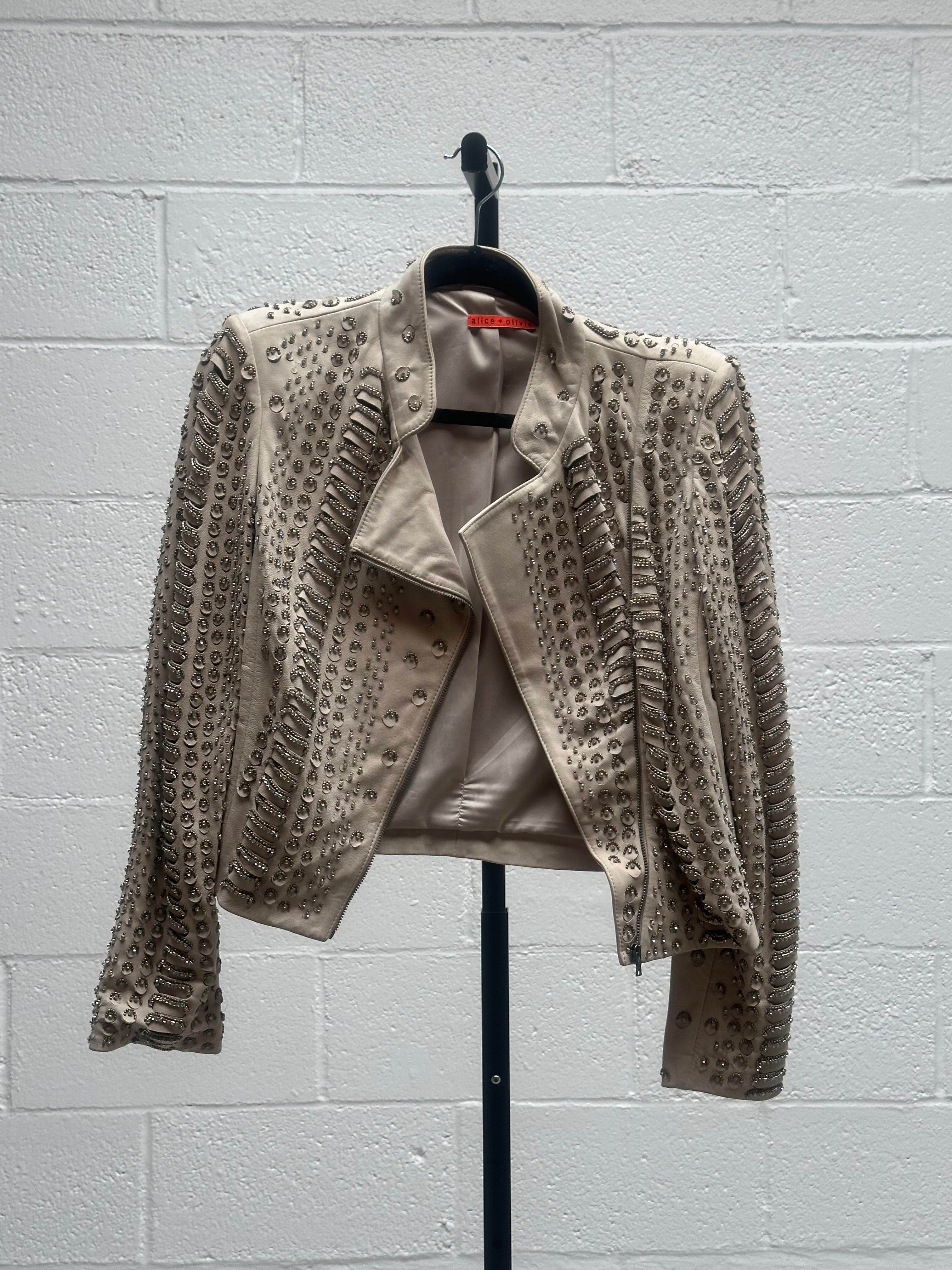 Grey Leather Jacket with Metallic Details