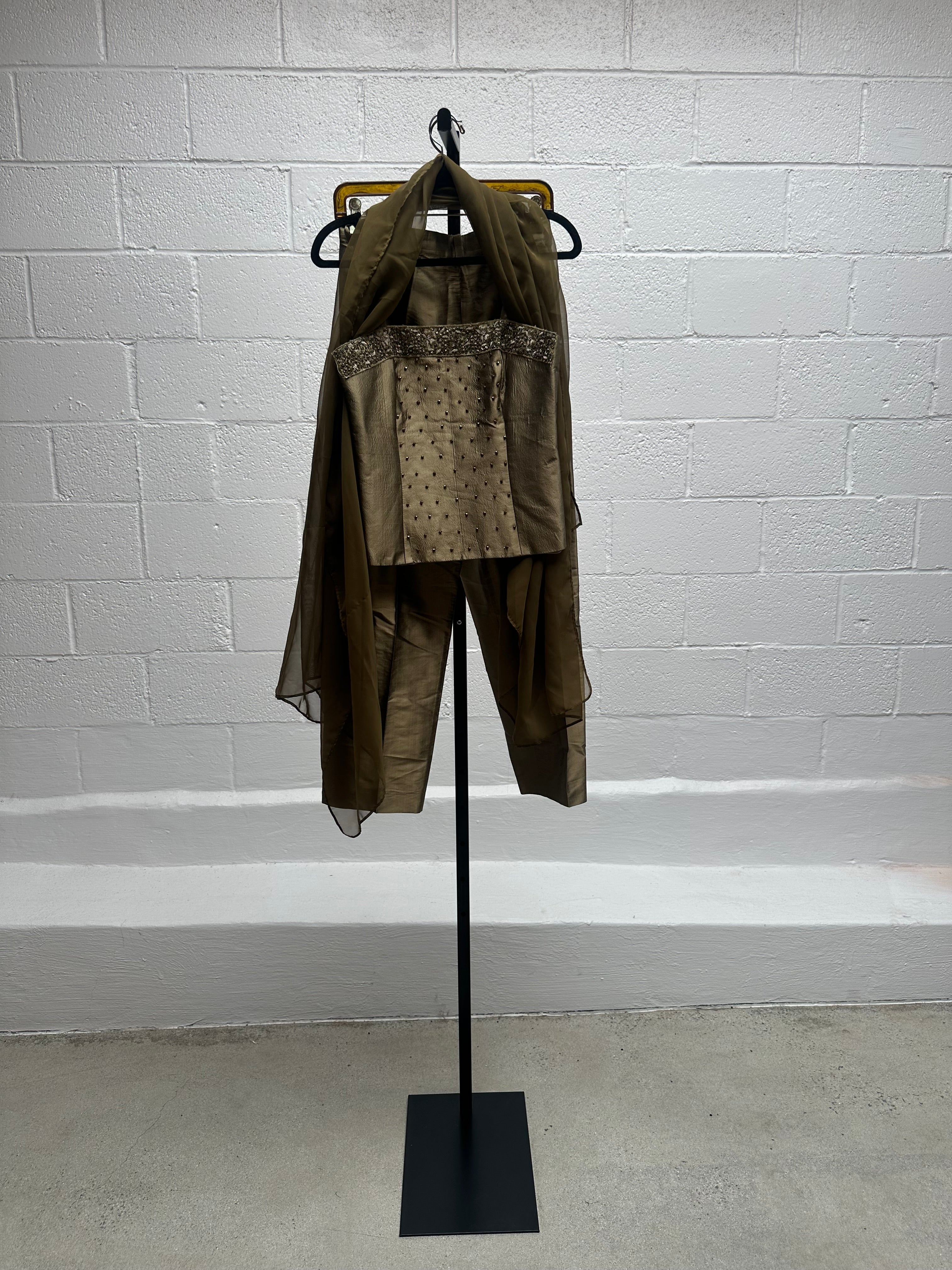 Raw Silk Beaded Top Pant and Shawl Set
