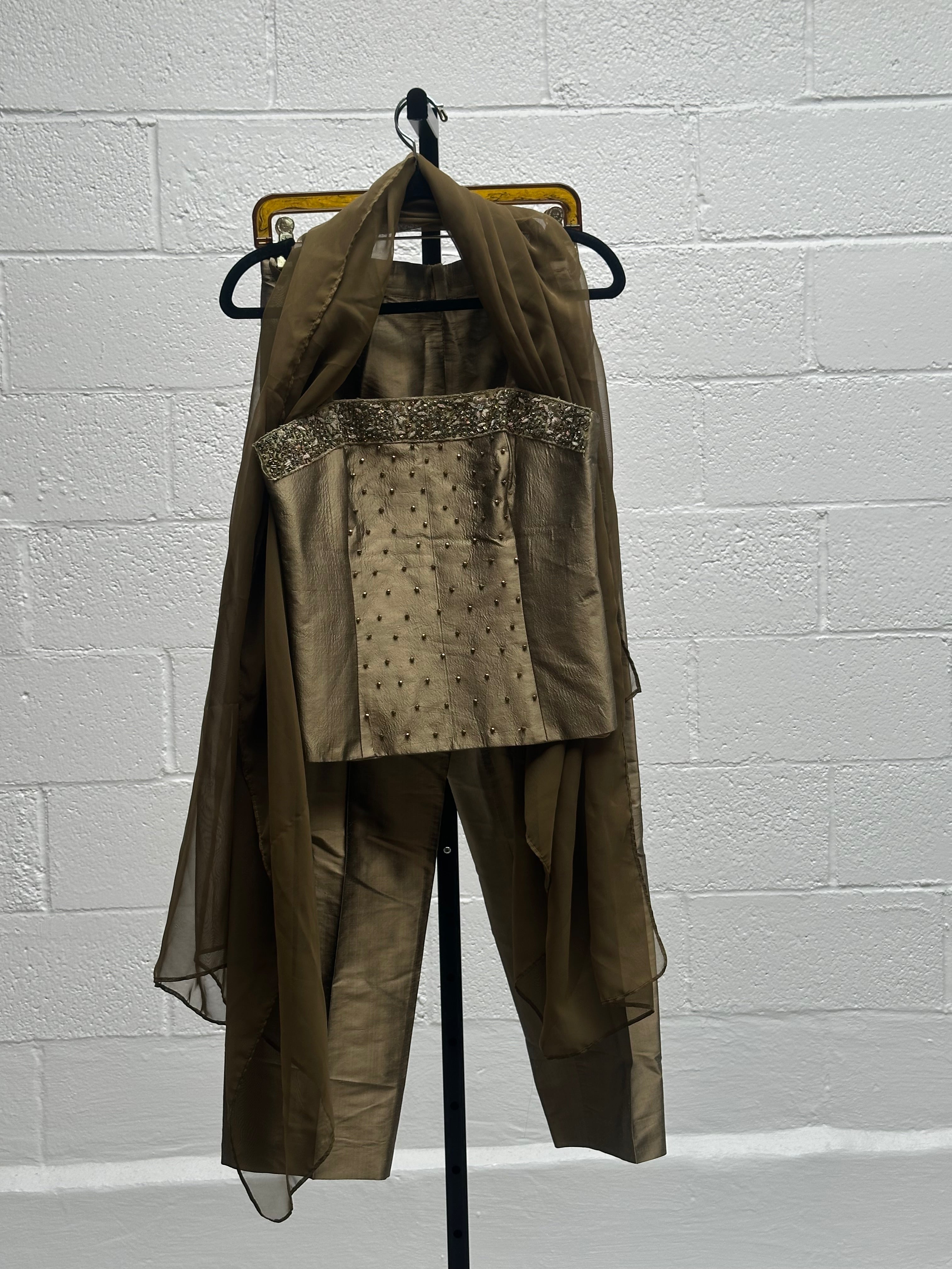 Raw Silk Beaded Top Pant and Shawl Set