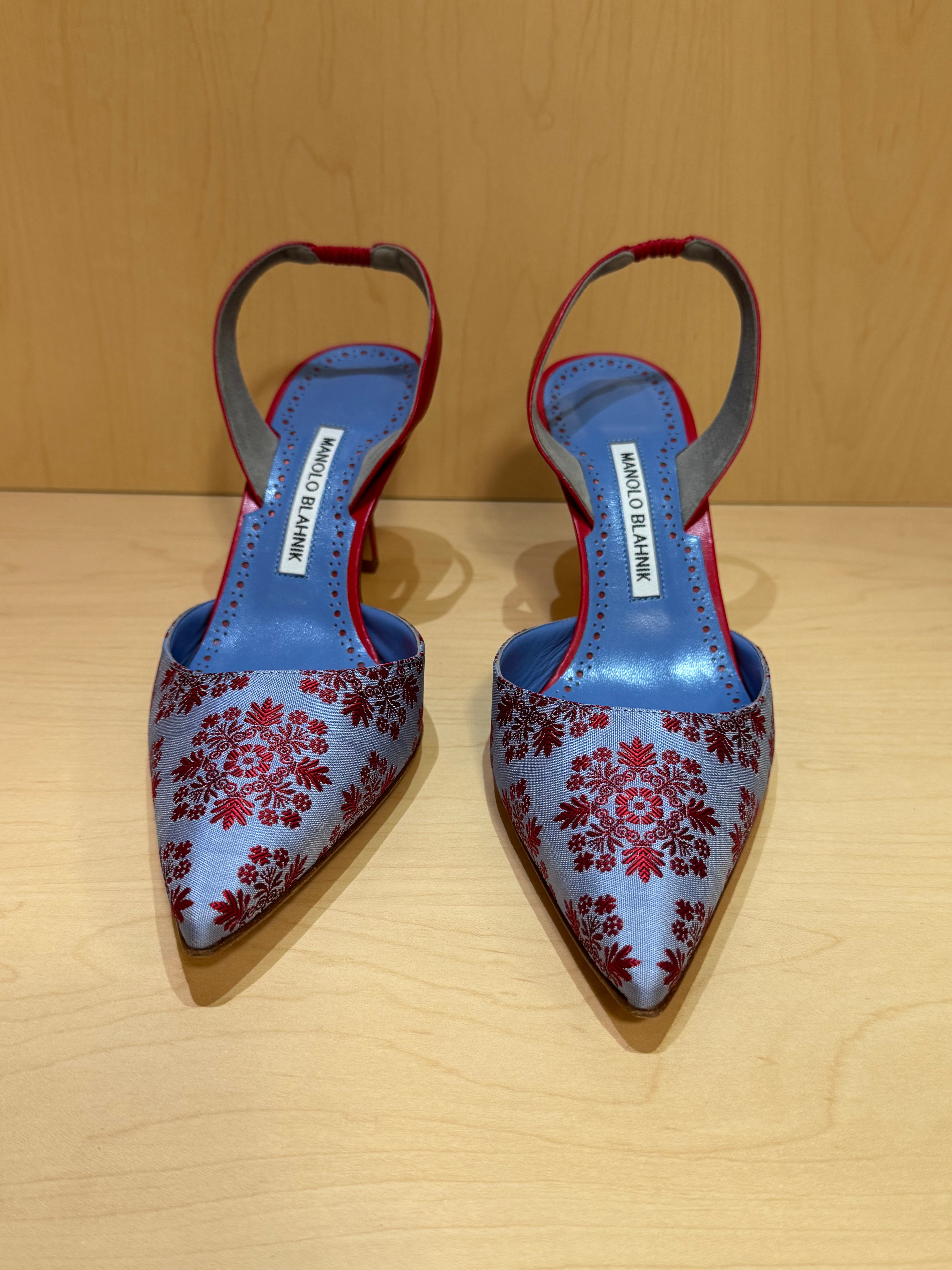 Baby Blue and Red Brocade Sling Back (39.5)