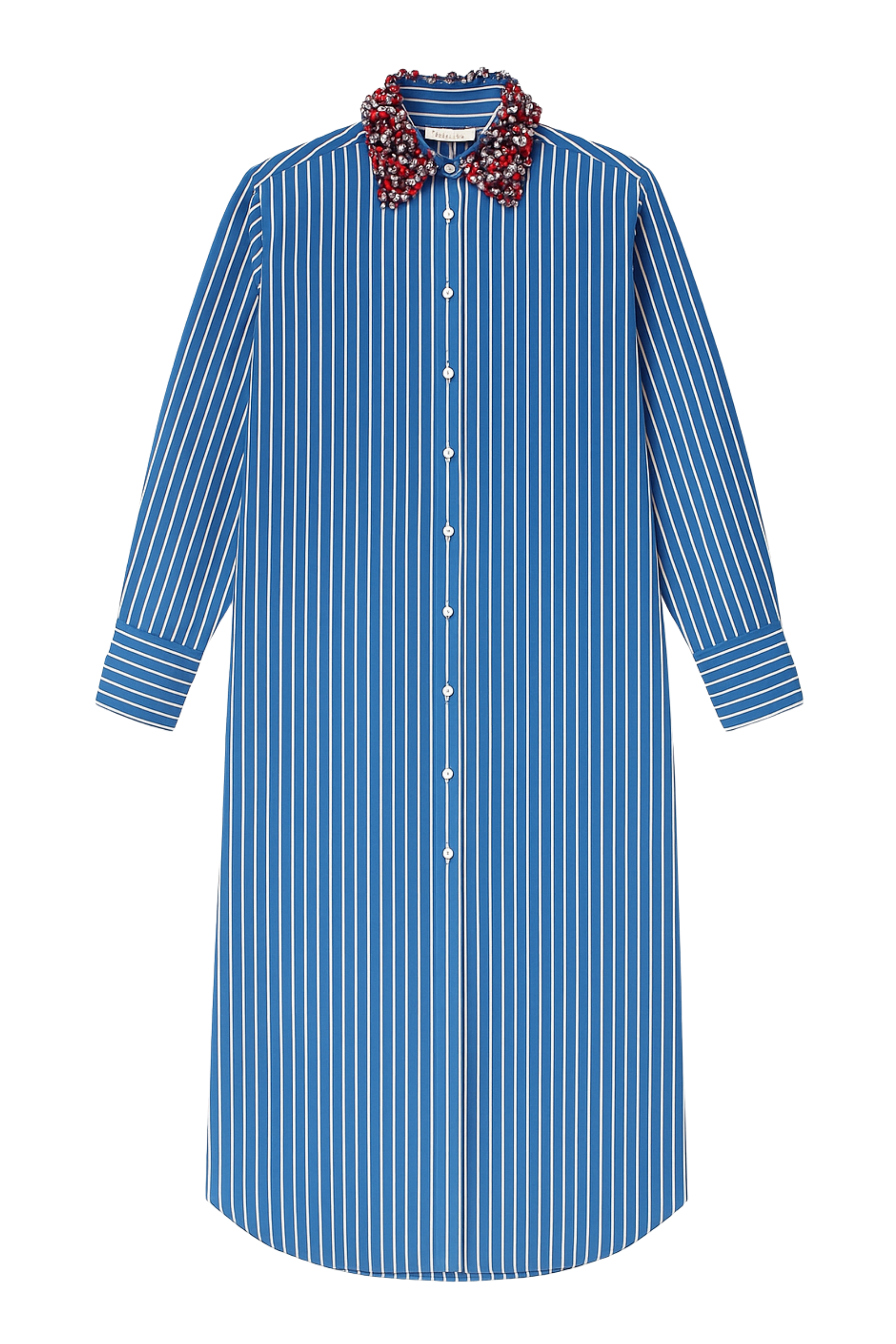 Blue Striped Front tie Shirt with Red Beading