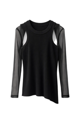 Black long-sleeve top with sheer panels on a white background