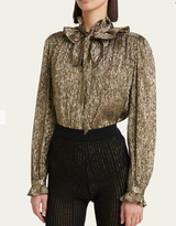 Metallic Ruffle Neck Shirt with Bow