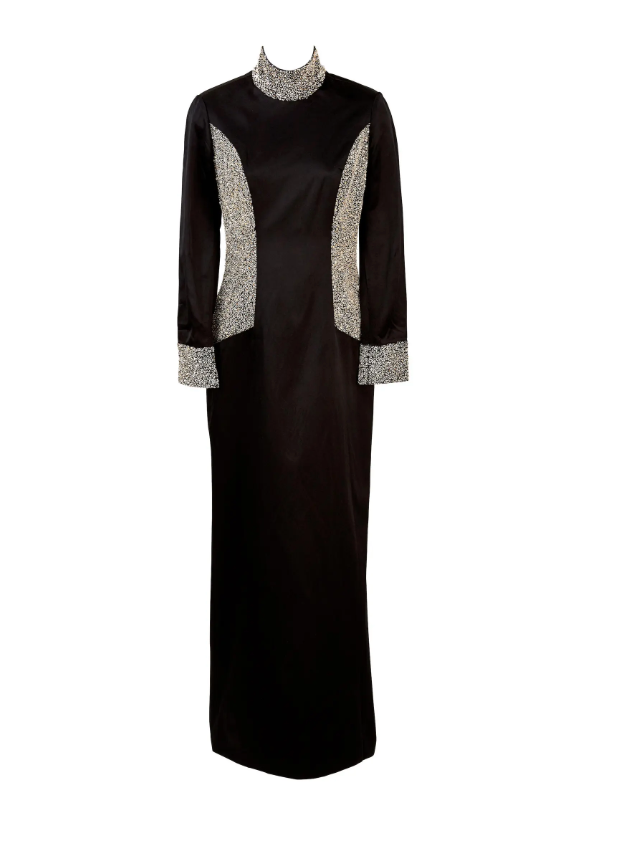 Black Satin Gown with Gold and Clear Beading