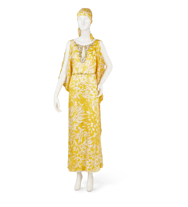 Yellow and White Silk Caftan with Crystals