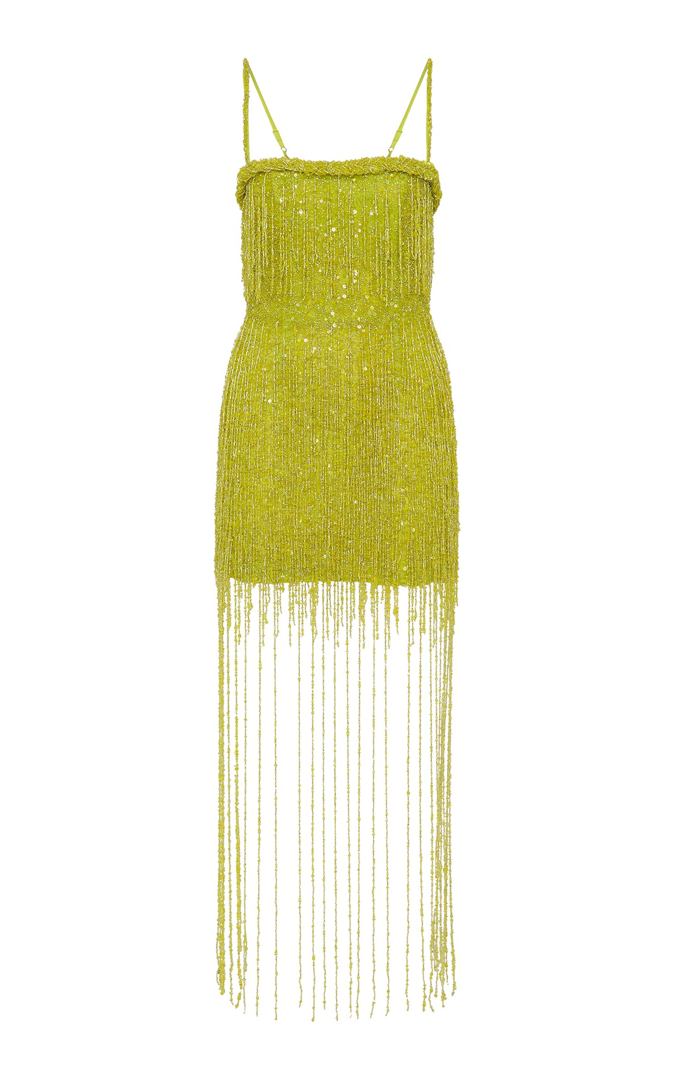 Beaded Tulle Midi Dress In Lime