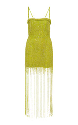 Beaded Tulle Midi Dress In Lime